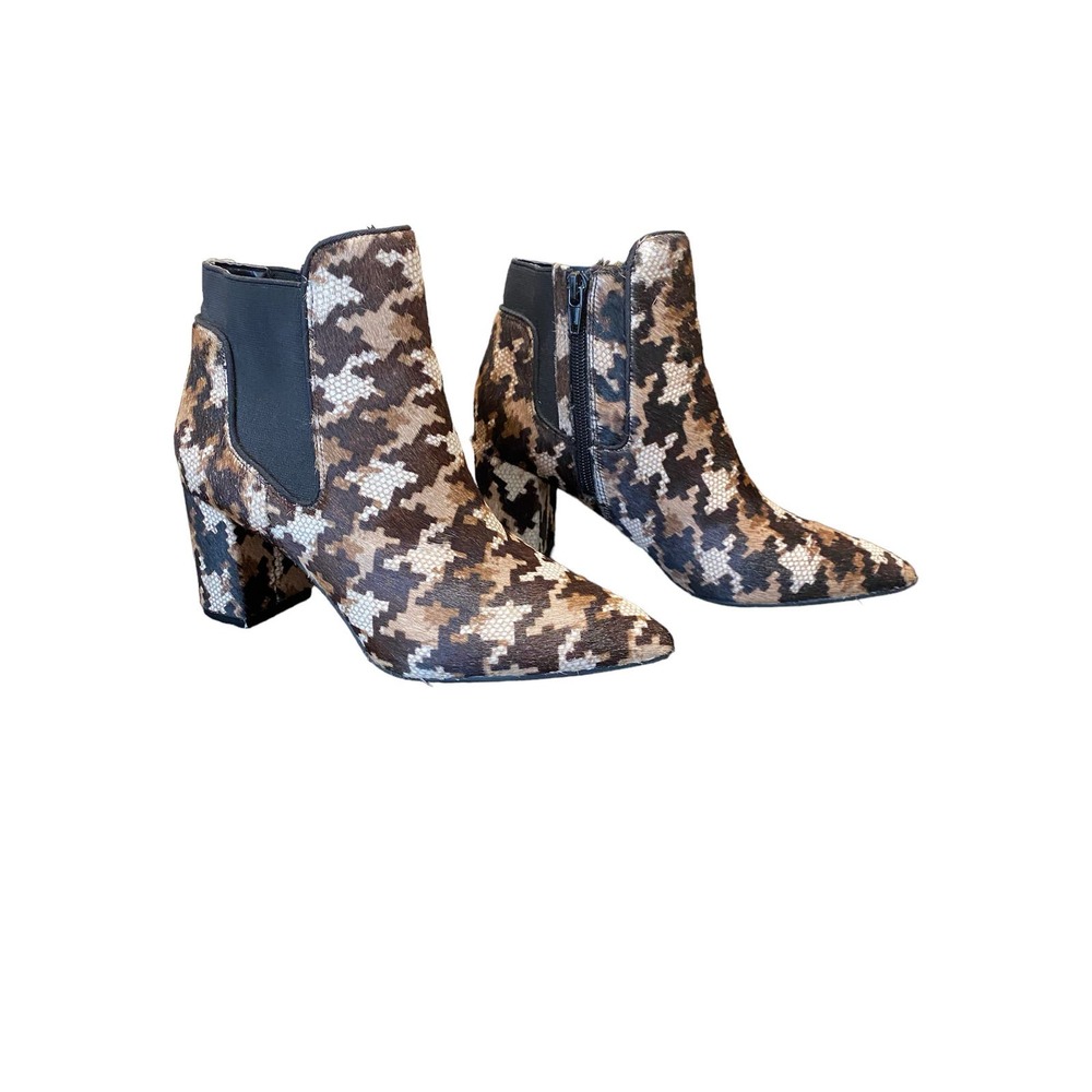 Gorgeous NEW Preston & York Houndstooth Fur Ankle Boots Size 6, Brown/Cream